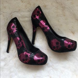 Iron Fist Black and Pink Skull Sequin Pumps